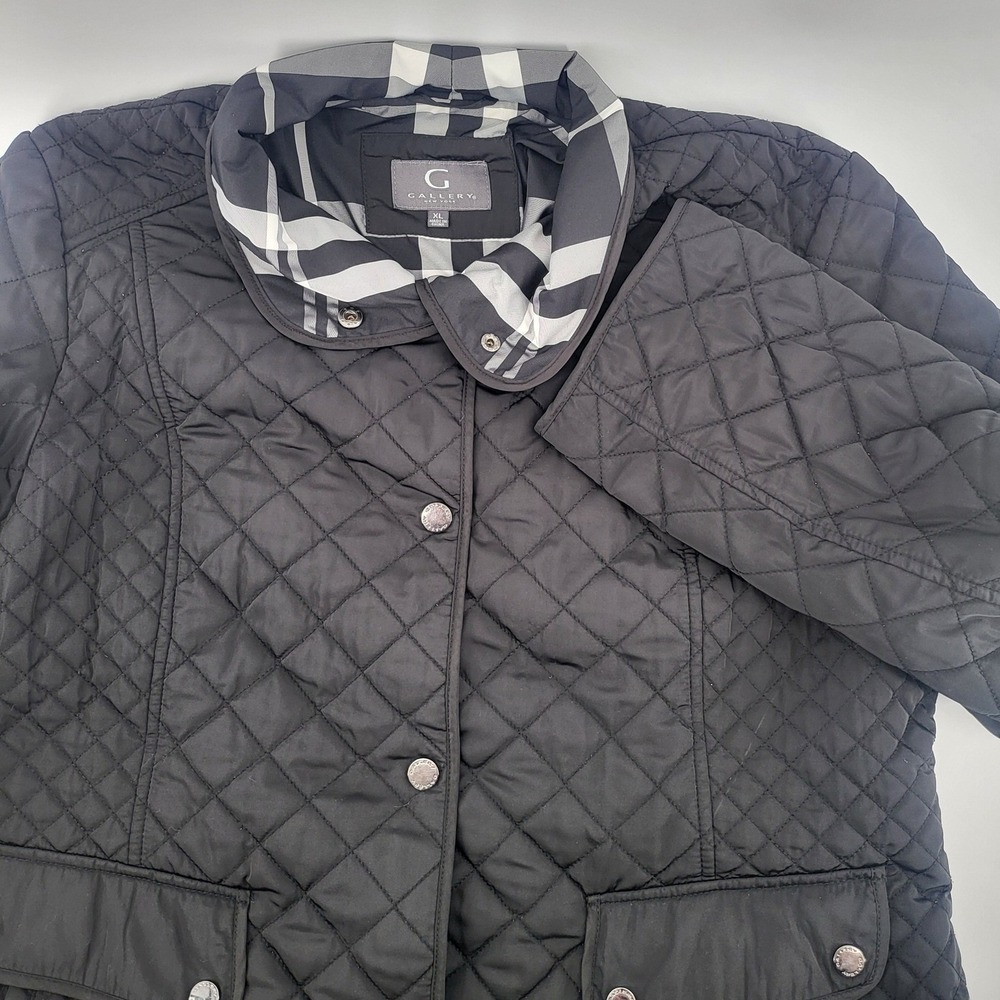 Gallery New York Quilted Puffer Jacket Women's XL Black Plaid Collar‎ Snap Front